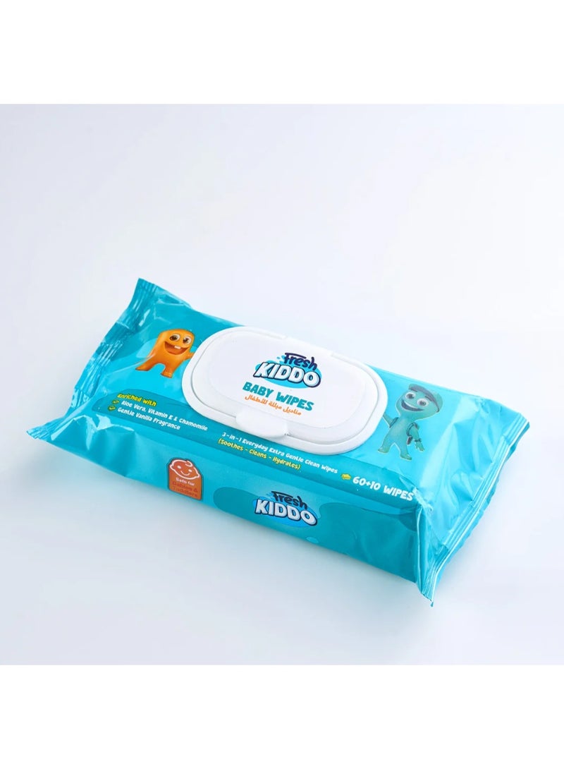Fresh Kiddo Baby Wipes Ultra-Gentle & Moisturizing for Sensitive Skin with Aloe Vera, Vitamin E & Chamomile - 70 Pcs - Image 3